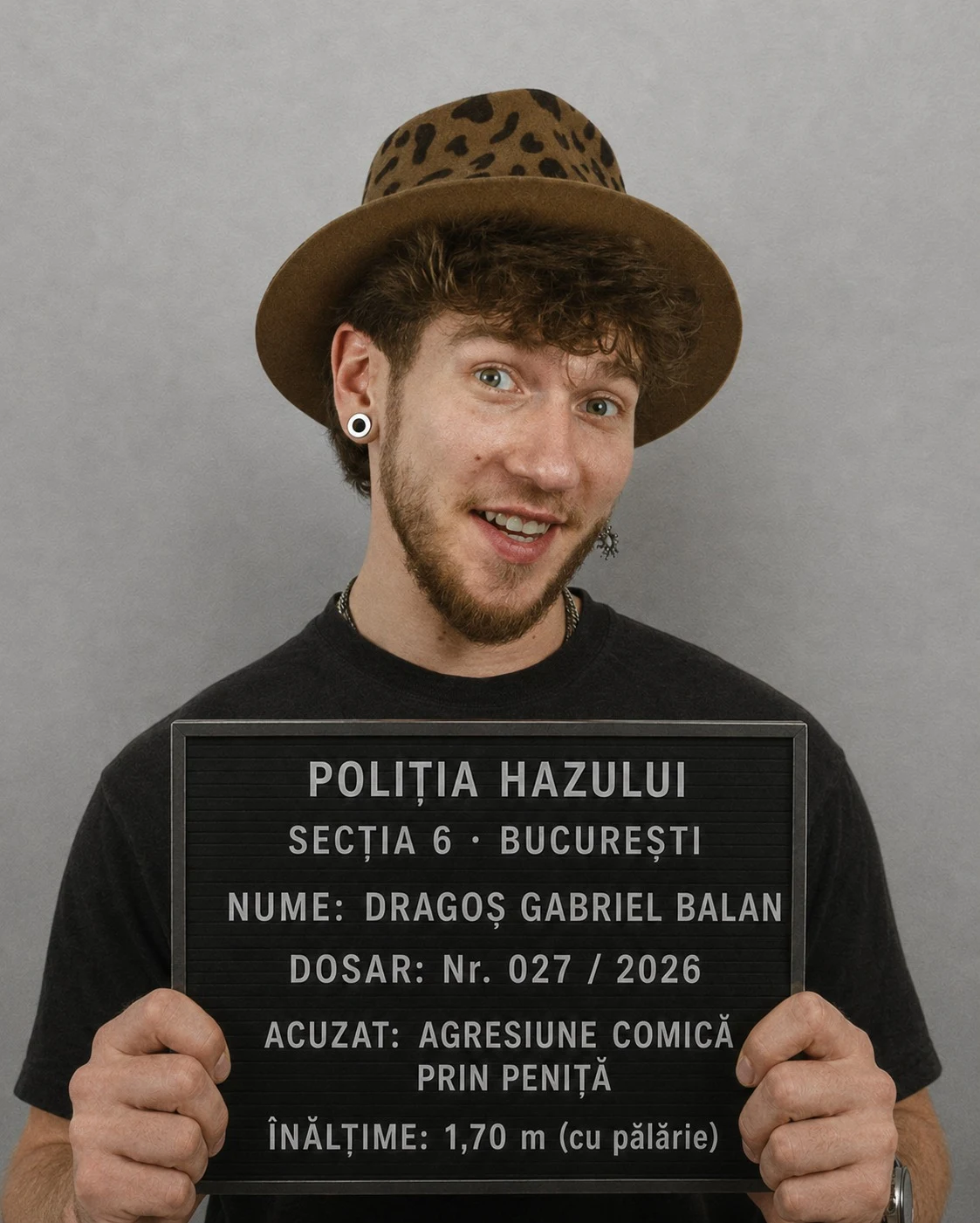 Fotografie de fișaj: Dragoș Gabriel Balan ține tăblița Poliției Hazului — Dosar 51101/2026, acuzat de agresiune comică prin peniță