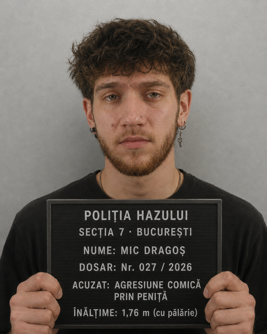 Fotografie de fișaj: Dragoș Mic ține tăblița Poliției Hazului — Dosar 027/2026, acuzat de agresiune comică prin peniță